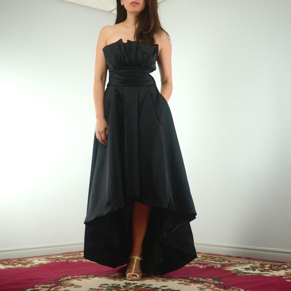 WHBM Black Duchess Satin Strapless High Low Hem Ball Gown with Pockets, sz 2 XXS - Picture 4 of 13